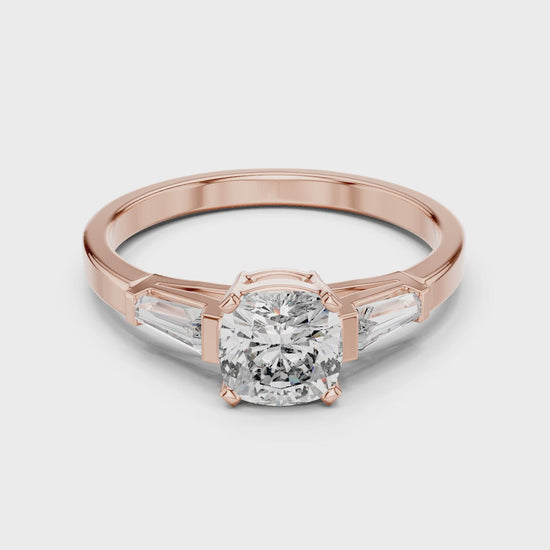 Vera 2 Carat Cushion Lab Grown Diamond Three Stone Ring - Rose Gold video