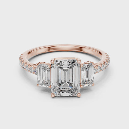 Vera 1.5 Carat Emerald Lab Grown Diamond Three Stone Ring - Rose Gold video