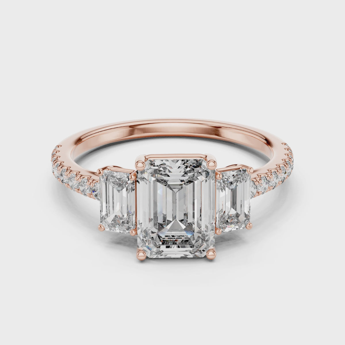 Vera 1.5 Carat Emerald Lab Grown Diamond Three Stone Ring - Rose Gold video