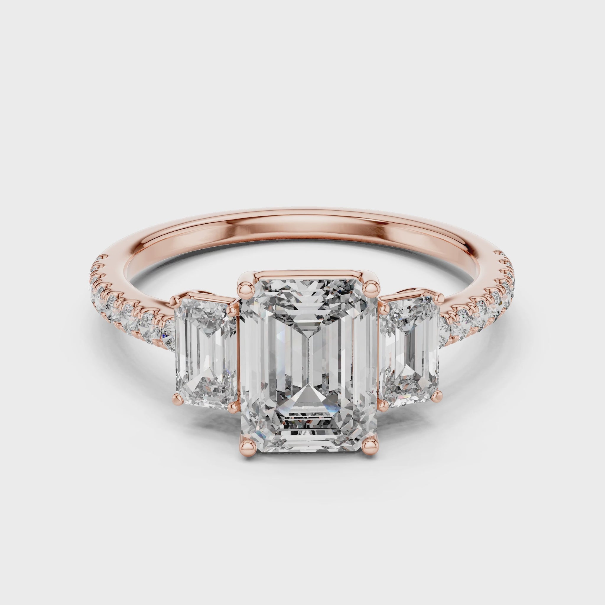 Vera 1.5 Carat Emerald Lab Grown Diamond Three Stone Ring - Rose Gold video