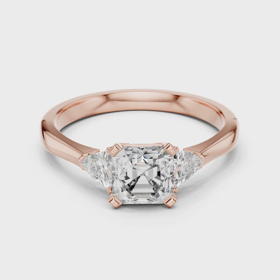 Vera 2 Carat Emerald Lab Grown Diamond Trillion Accent Three Stone Ring - Rose Gold video
