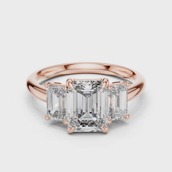 Vera 2 Carat Emerald Lab Grown Diamond Emerald Cut Three Stone Ring - Rose Gold video