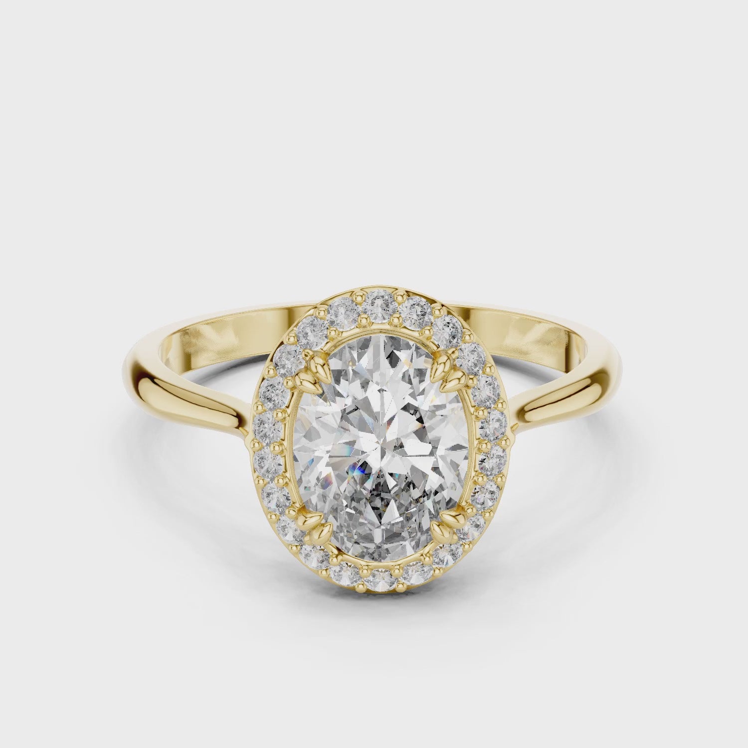 Celeste 1.5 Carat Oval Lab Grown Diamond Claw Halo Ring - Yellow Gold video