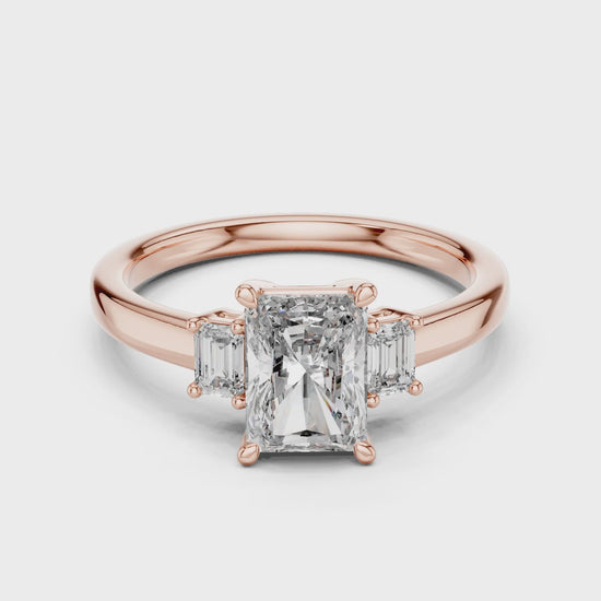 Vera 1.5 Carat Radiant Lab Grown Diamond Three Stone Ring - Rose Gold video