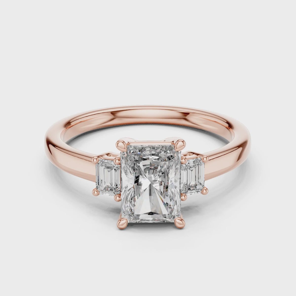 Vera 1.5 Carat Radiant Lab Grown Diamond Three Stone Ring - Rose Gold video