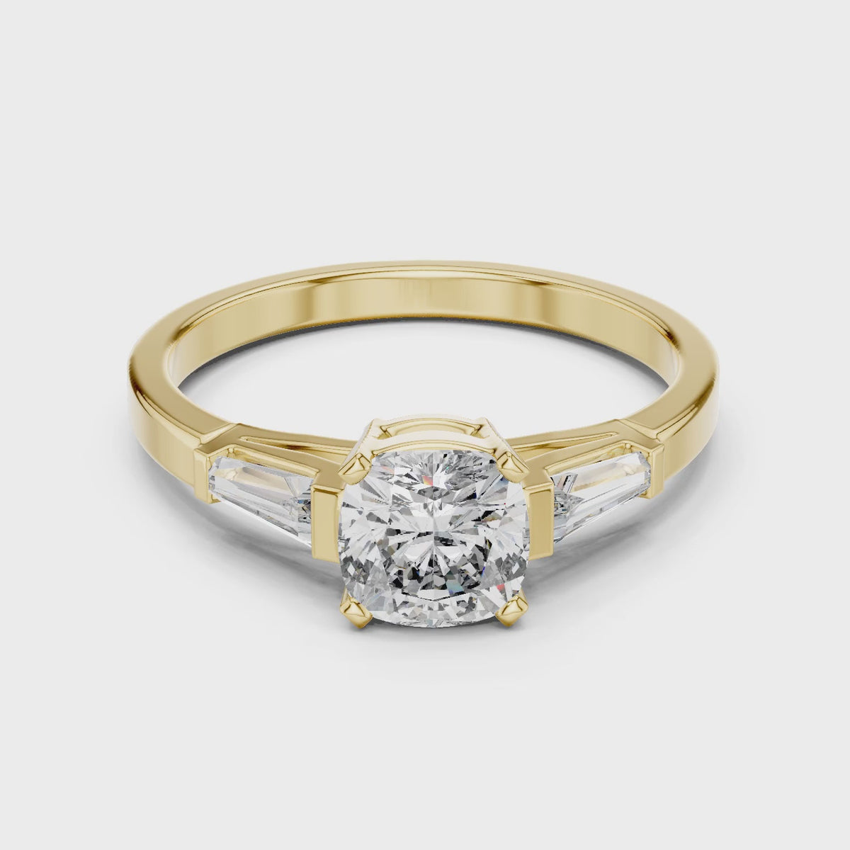 Vera 2 Carat Cushion Lab Grown Diamond Three Stone Ring - Yellow Gold video