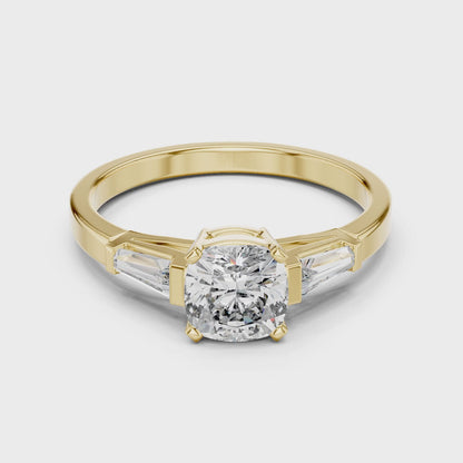 Vera 2 Carat Cushion Lab Grown Diamond Three Stone Ring - Yellow Gold video