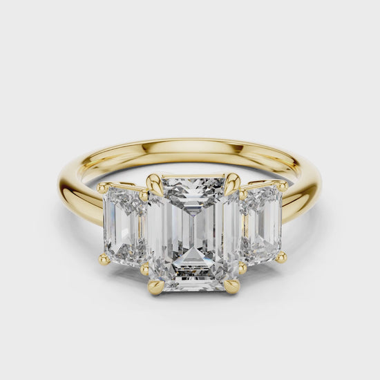 Vera 2 Carat Emerald Lab Grown Diamond Emerald Cut Three Stone Ring - Yellow Gold video