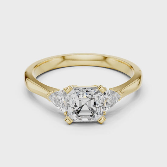 Vera 2 Carat Emerald Lab Grown Diamond Trillion Accent Three Stone Ring - Yellow Gold video